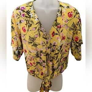 Lovestitch Yellow Floral Tie-Front Blouse Women Small